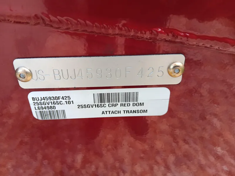 Slide: The Image of 2025 Tracker Super Guide V-16 SC boat identification plate with serial number. - 7