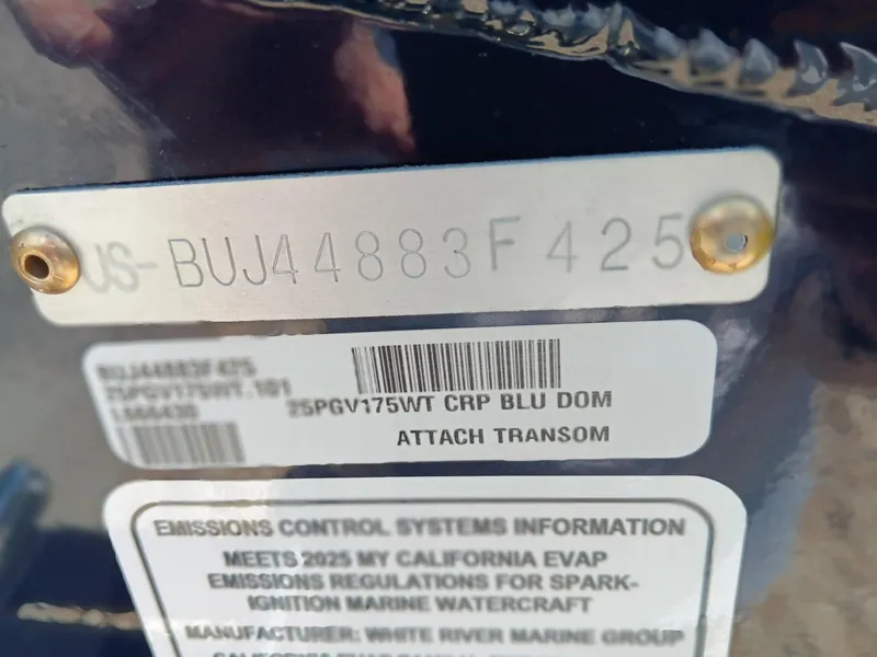 Slide: The Image of 2025 Tracker Pro Guide V-175 WT transom with emissions control information. - 7