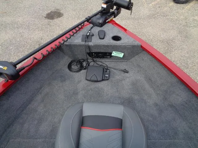 Slide: The Image of 2025 Tracker Pro Guide V-175 WT boat interior with trolling motor and seating. - 10