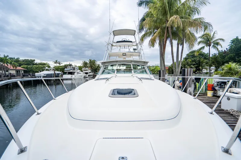 Slide: The Image of 1995 Tiara Yachts 4300 Open docked, surrounded by palm trees and calm waters. - 4