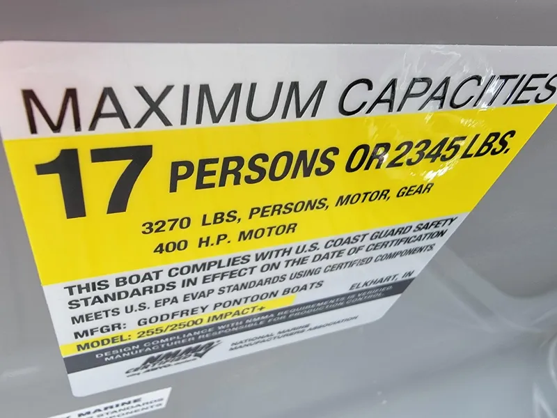 Slide: The Image of 2025 Godfrey AquaPatio 255 ULC capacity label: 17 persons, 2345 lbs, 400 HP motor. - 13