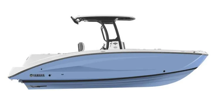Slide: The Image of 2024 Yamaha Boats 255 FSH Sport H, side view, light blue hull. - 0