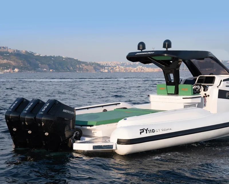 Slide: The Image of Panamera Yacht PY 110 Veloce 2025 on water, featuring triple Mercury engines. - 14