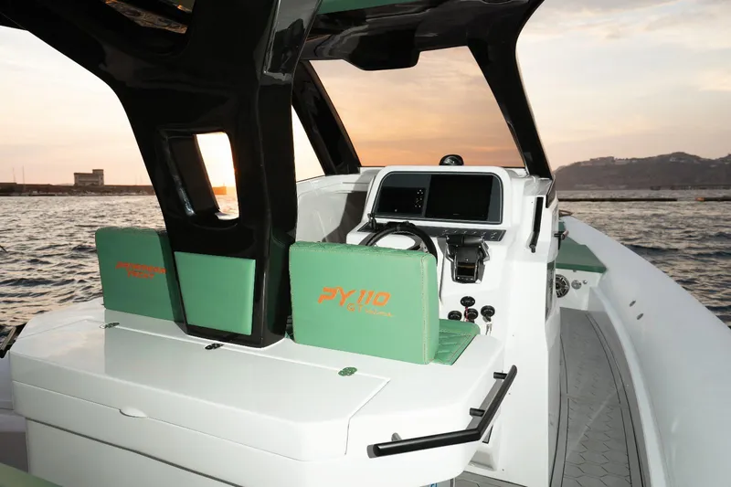 Slide: The Image of Panamera Yacht PY 110 Veloce 2025, luxury deck with sunset view. - 9