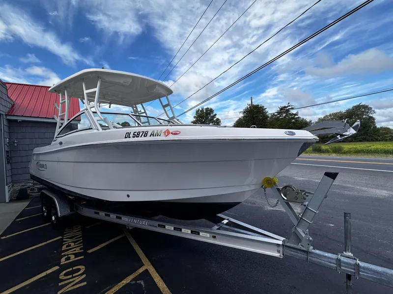 Slide: The Image of 2019 Robalo R247 Dual Console boat on trailer, parked outdoors under a cloudy sky. - 6