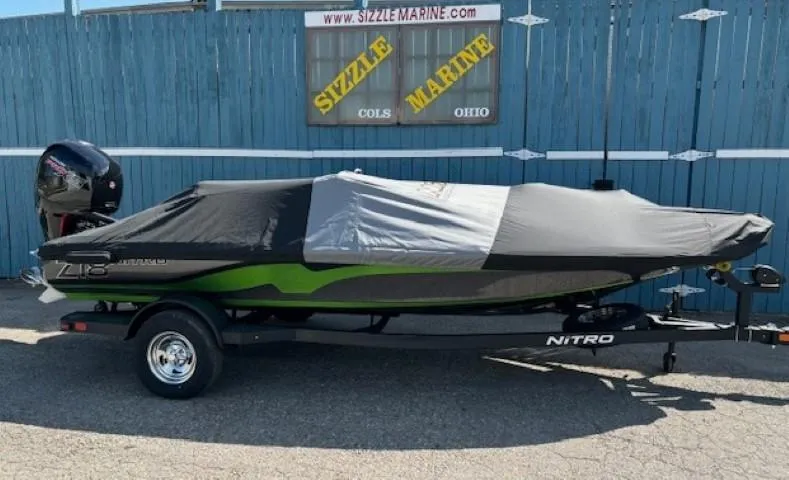 Slide: The Image of 2025 Nitro Z18 Pro boat with cover, parked at Sizzle Marine, Ohio. - 10