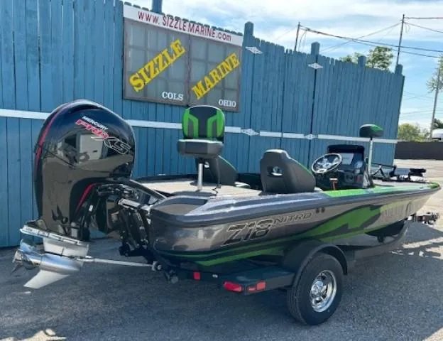 Slide: The Image of 2025 Nitro Z18 Pro boat with powerful engine at Sizzle Marine dealership. - 2