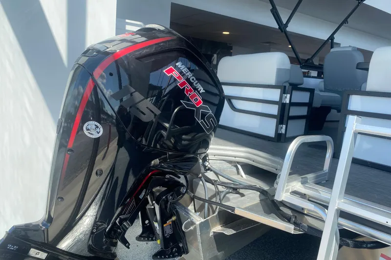 Slide: The Image of 2025 Lowe SF 212 W pontoon boat with Mercury Pro XS outboard motor. - 6