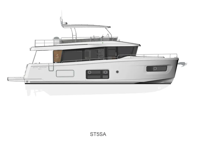 Slide: The Image of 2025 Beneteau Swift Trawler 54 side view illustration, showcasing sleek design and modern features. - 17