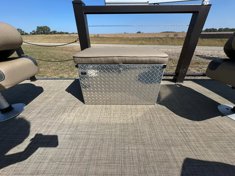 Slide: The Image of Pontoon boat seating with diamond plate storage, Lake Lounger 13FISH4E, 2021 model. - 8