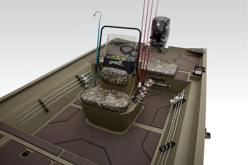 Slide: The Image of 2025 Tracker Grizzly 2072 CC Sportsman boat interior with fishing rods and camo seats. - 4