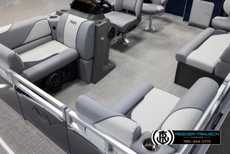 Slide: The Image of Luxurious 2025 Avalon VEN RF boat interior with plush gray seating and modern design. - 10