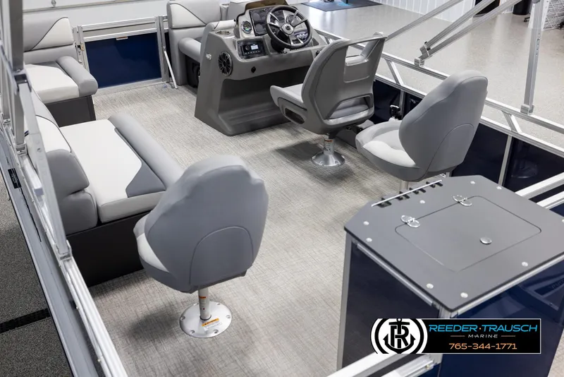 Slide: The Image of Interior of 2025 Avalon VEN RF boat with modern seating and steering console. - 11