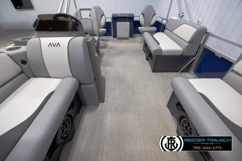 Slide: The Image of 2025 Avalon VEN RF boat interior with gray seating and modern design. - 13
