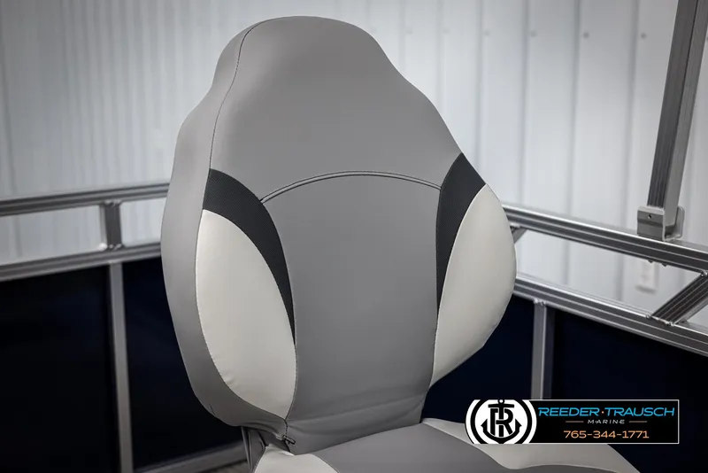 Slide: The Image of 2025 Avalon VEN RF boat seat, gray and white design, Reeder-Trausch Marine logo. - 33