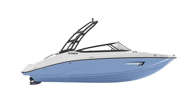 Slide: The Image of 2025 Yamaha Boats AR190, sleek design, blue and white color scheme, side view. - 11