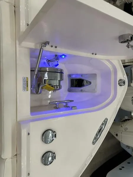 Slide: The Image of 2025 Grady-White Freedom 275 boat compartment with blue LED lighting and stainless steel fixtures. - 16