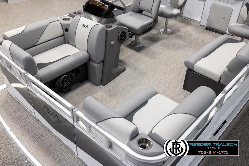 Slide: The Image of Interior of 2025 Avalon VEN RF pontoon boat with gray seating and modern design. - 10