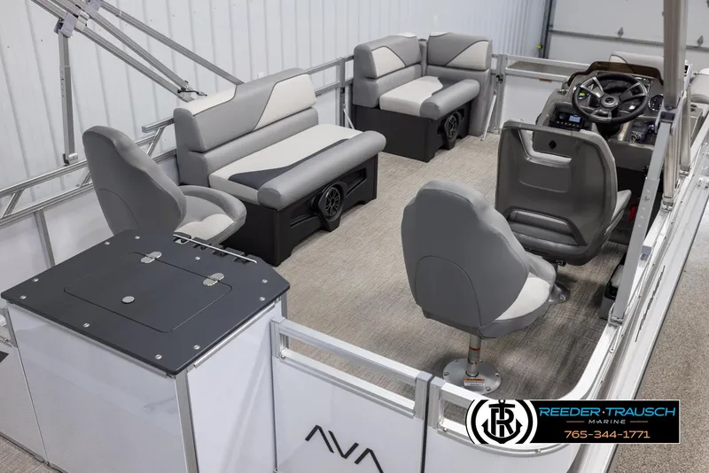 Slide: The Image of 2025 Avalon VEN RF boat interior with gray seating and modern steering console. - 12