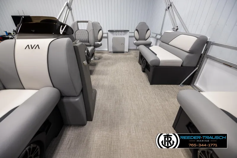 Slide: The Image of Interior of 2025 Avalon VEN RF boat with modern seating and sleek design. - 13