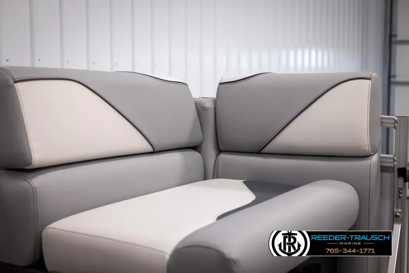 Slide: The Image of Luxurious seating in 2025 Avalon VEN RF boat, featuring sleek gray and white upholstery. - 33
