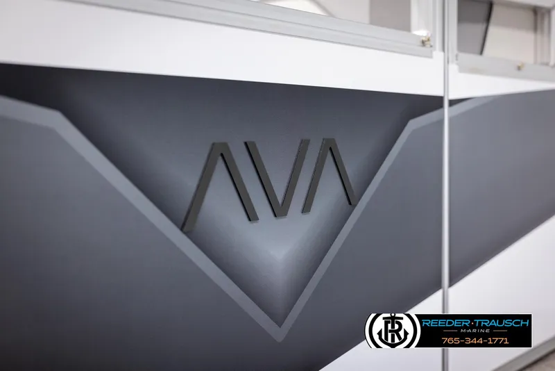 Slide: The Image of 2025 Avalon VEN RF boat with sleek design and logo, Reeder-Trausch Marine branding. - 40