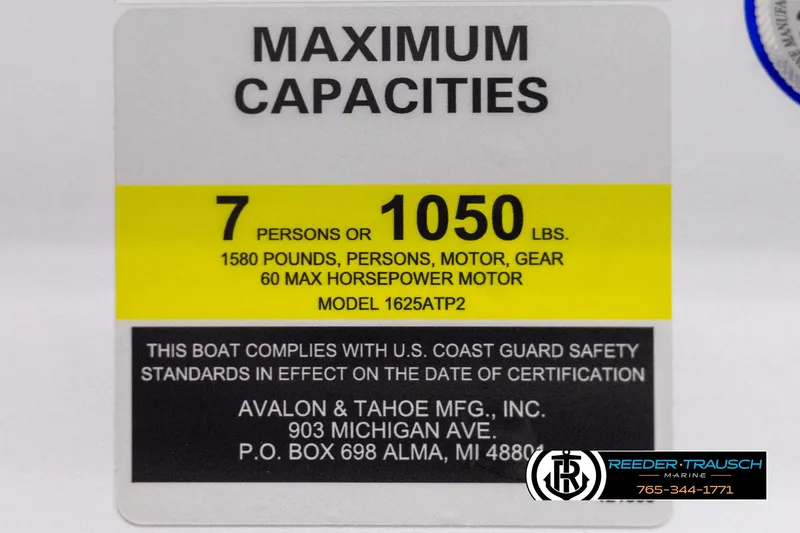 Slide: The Image of 2025 Avalon VEN RF boat capacity label, 7 persons or 1050 lbs, 60 HP motor. - 45