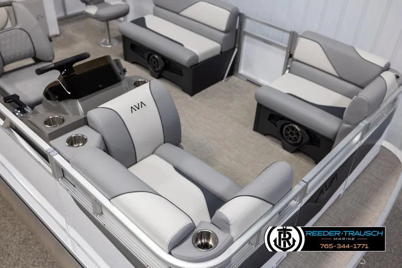Slide: The Image of Luxurious 2025 Avalon VEN RF pontoon boat interior with plush seating and modern design. - 9
