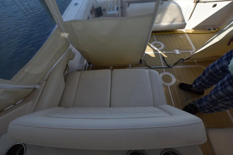 Slide: The Image of Interior view of 2019 Grady-White Freedom 325 boat with beige seating. - 37