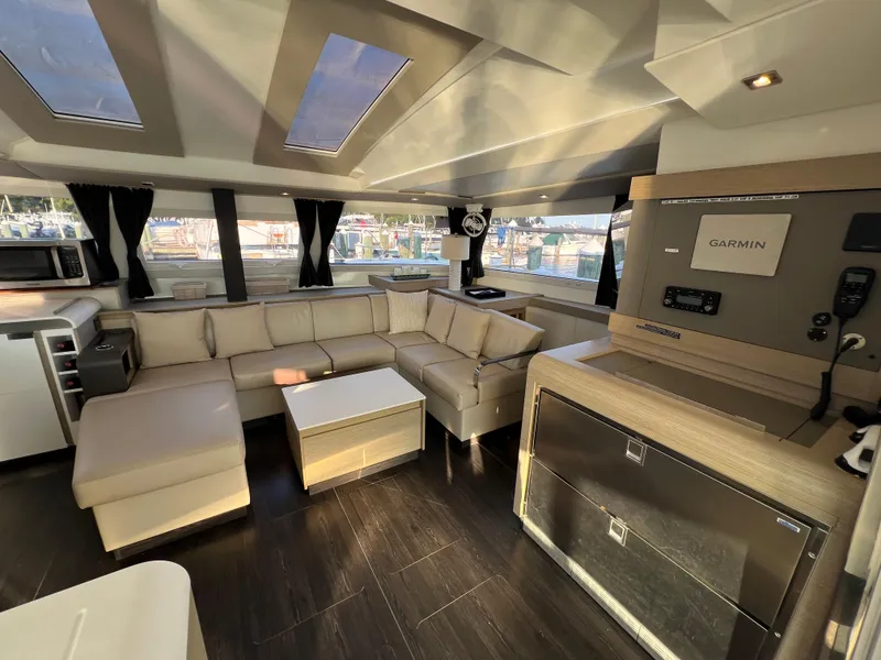 Slide: The Image of Luxurious interior of 2020 Fountaine Pajot Elba 45 catamaran with modern furnishings. - 24
