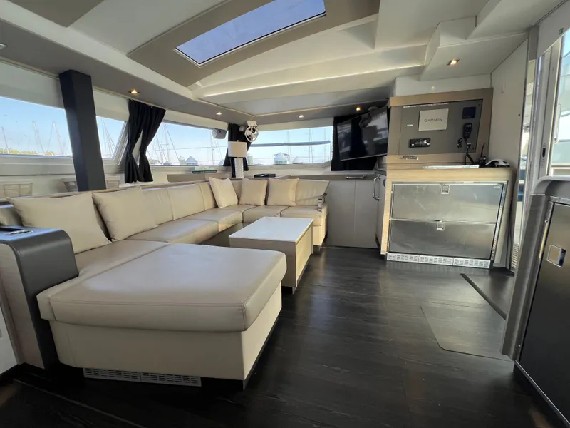 Slide: The Image of Luxurious interior of 2020 Fountaine Pajot Elba 45 catamaran with modern furnishings. - 45
