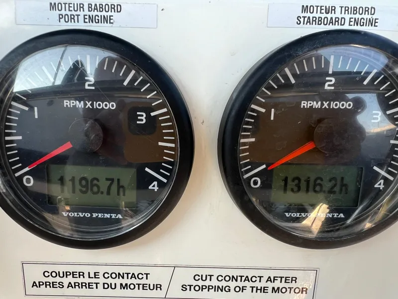 Slide: The Image of Engine hour meters on a 2020 Fountaine Pajot Elba 45 catamaran. - 46