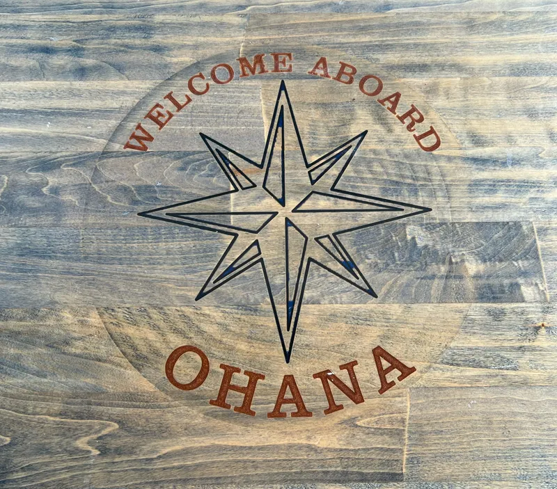 Slide: The Image of "Welcome Aboard Ohana" sign with compass design on wood background. - 10