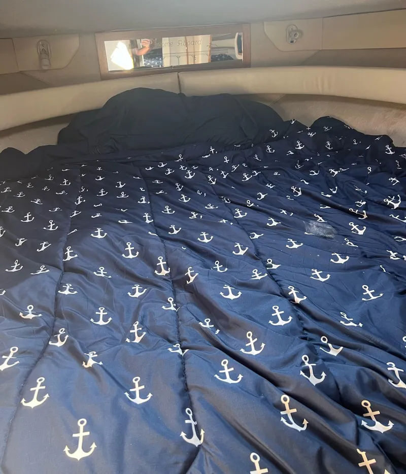 Slide: The Image of Cozy cabin interior of 1990 Sea Ray 420 Sundancer with anchor-patterned bedding. - 14