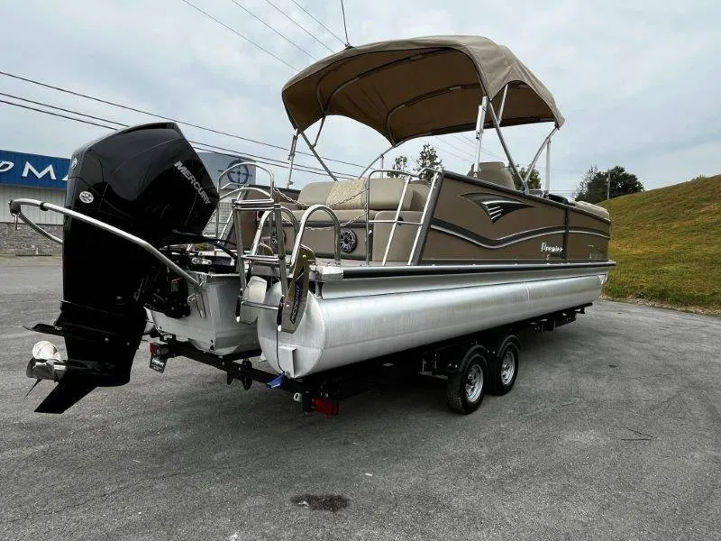 Slide: The Image of 2021 Premier 250 Grand Majestic pontoon boat with canopy and Mercury outboard motor. - 19