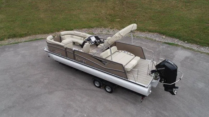 Slide: The Image of 2021 Premier 250 Grand Majestic pontoon boat on trailer, aerial view. - 5
