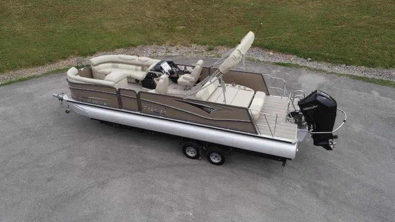 Slide: The Image of 2021 Premier 250 Grand Majestic pontoon boat on trailer, aerial view. - 7