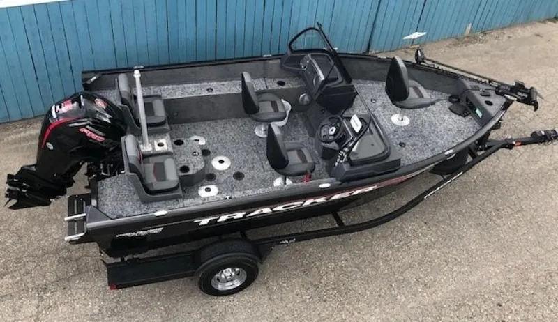 Slide: The Image of 2025 Tracker Pro Guide V-175 Combo fishing boat on trailer, top view. - 6