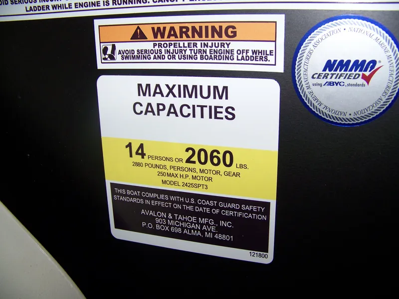 Slide: The Image of Boat capacity label for Avalon lsz25vrb 2025, max 14 persons or 2060 lbs, safety warning included. - 7