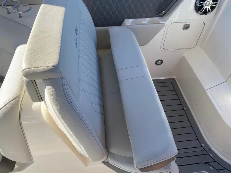 Slide: The Image of Luxury seating on 2020 Sea Ray SLX 350 boat, featuring premium upholstery and sleek design. - 13