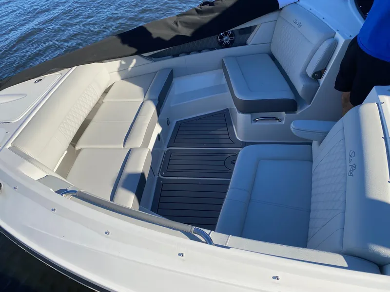 Slide: The Image of 2020 Sea Ray SLX 350 boat interior with spacious seating and elegant design. - 3