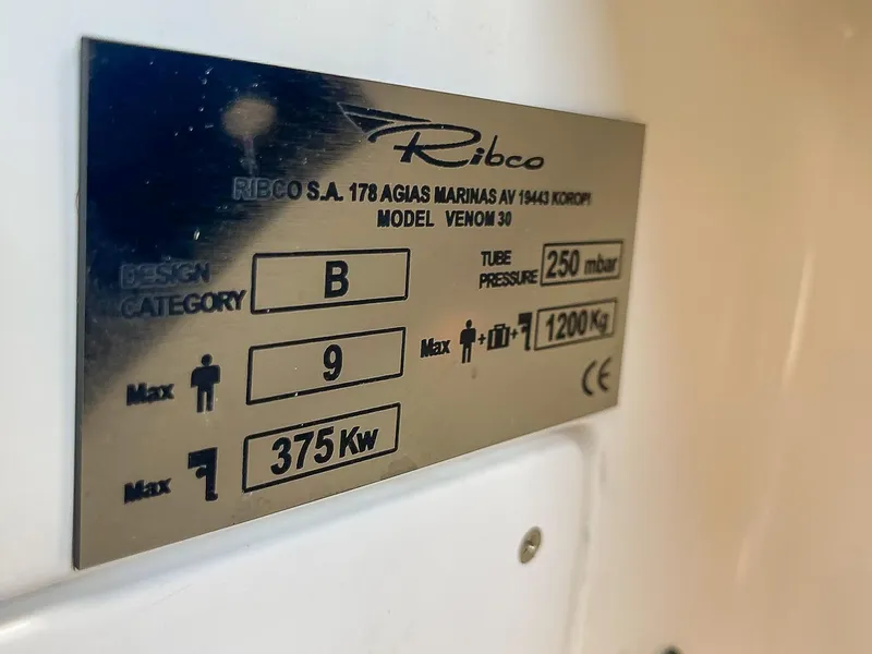 Slide: The Image of Ribco Venom 30 2025 model specification plate with design category and capacity details. - 27