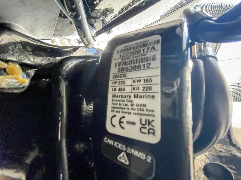 Slide: The Image of Mercury Marine engine label on 2025 Ribco Venom 30, showing specifications and certifications. - 34