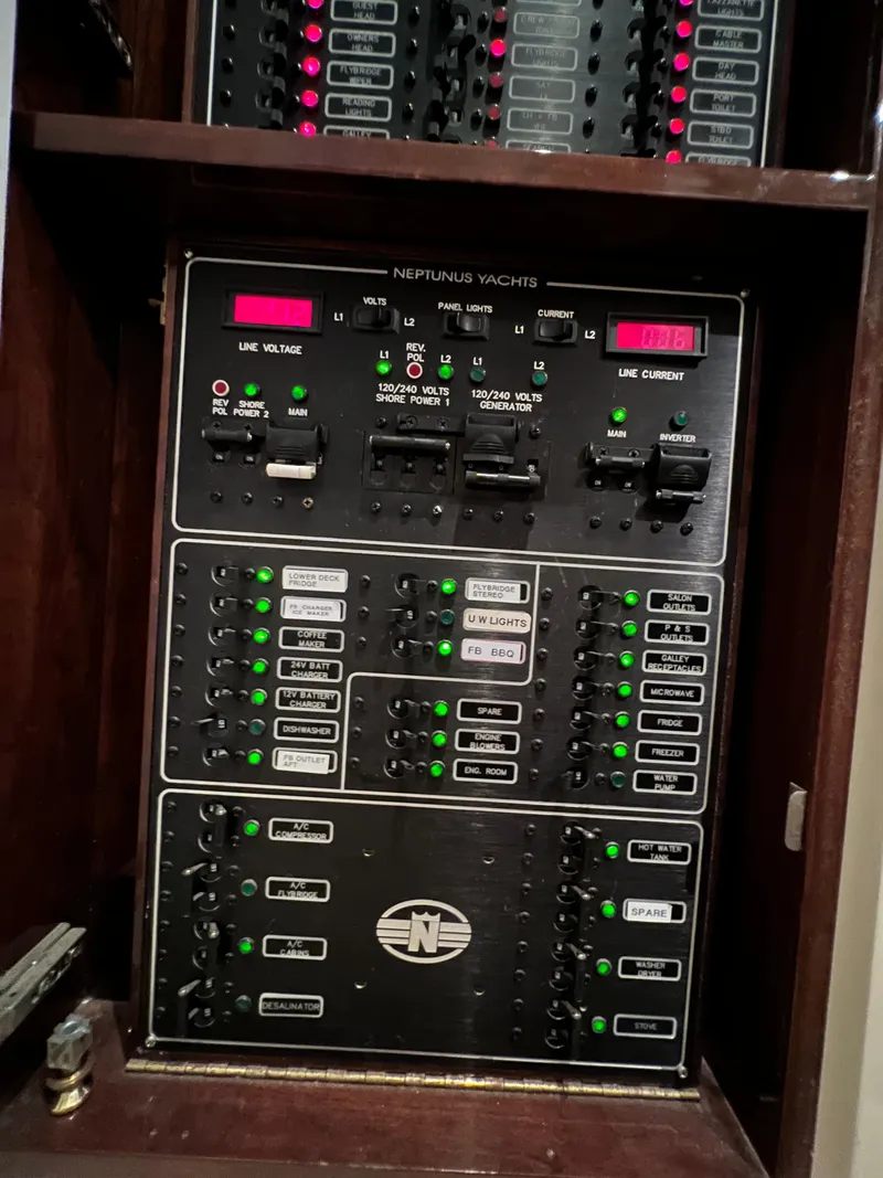 Slide: The Image of Control panel of a 2005 Neptunus 62 Flybridge yacht with labeled switches and indicators. - 34