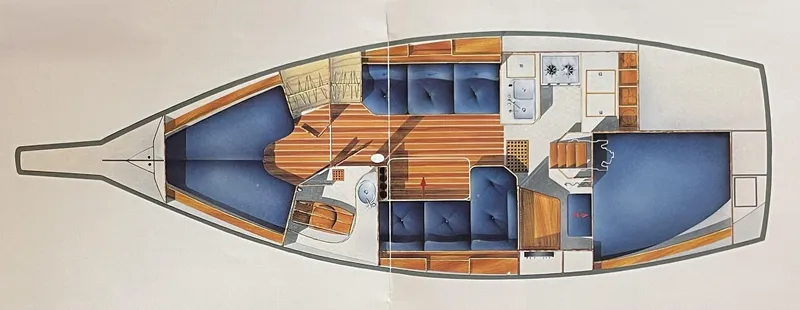 Slide: The Image of Floor plan of a 1992 Island Packet 32 sailboat, showing interior layout and cabin design. - 34