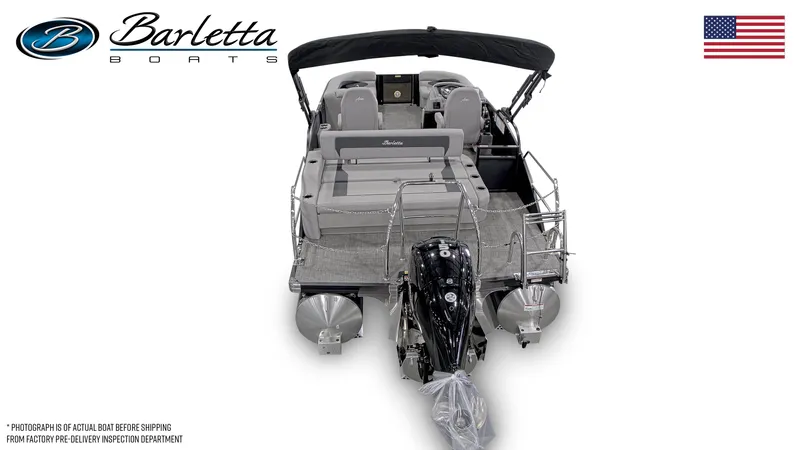 Slide: The Image of 2025 Barletta ARIA 20UC pontoon boat, rear view with motor, black canopy, and American flag. - 4