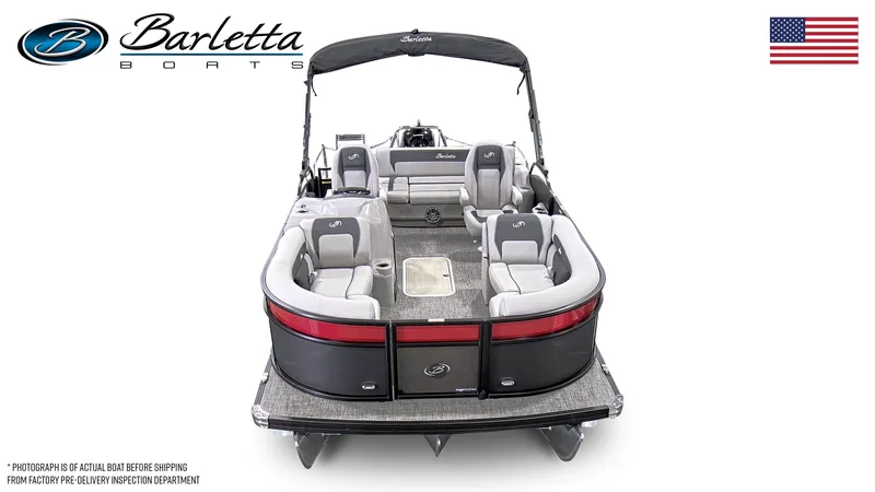 Slide: The Image of 2025 Barletta ARIA 20UC pontoon boat, spacious seating, elegant design, American flag, top view. - 5