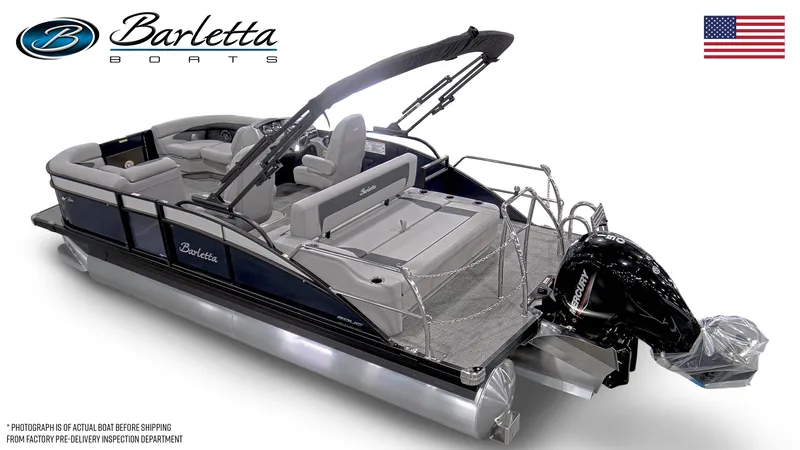 Slide: The Image of 2025 Barletta ARIA 20UC pontoon boat with sleek design and modern features. - 2