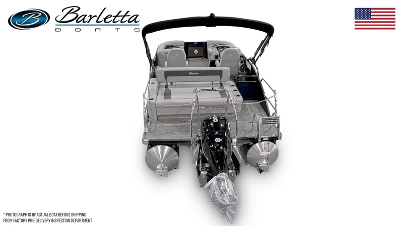Slide: The Image of 2025 Barletta ARIA 20UC pontoon boat, rear view, with motor and seating, USA flag. - 3