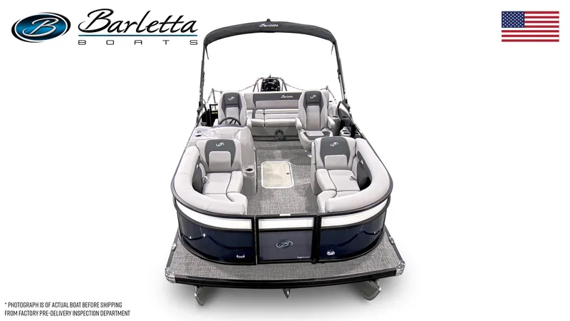 Slide: The Image of 2025 Barletta ARIA 20UC pontoon boat with spacious seating and sleek design. - 6